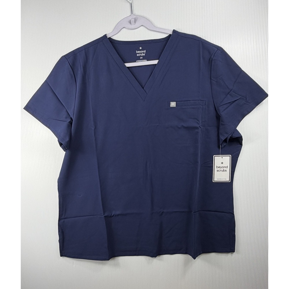 Beyond Scrubs Top Plus 2XL Women Navy V-Neck Short Sleeve Pocket Medical Uniform